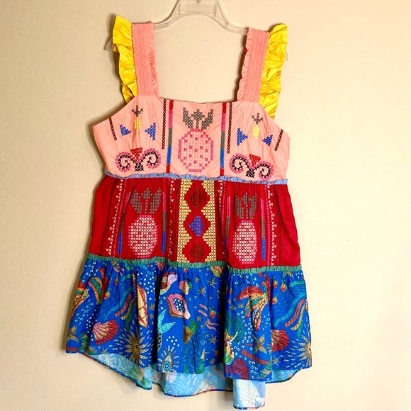 FARM Rio Color Blocking Pineapple Embroidered Tiered Mini Dress Red Size M - Picture 6 of 15
